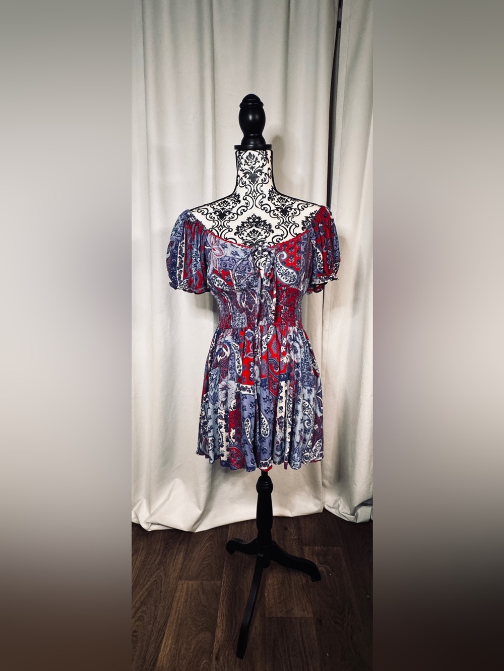Angie Red and Blue Paisley Off-Shoulder Romper